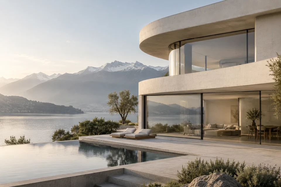 Villa contemporaine en béton clair ouverte sur un lac et les Alpes